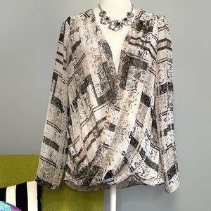 DKNYC Black Grey Chiffon Modern Draped Open Front Blouse Top